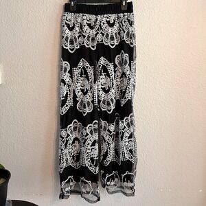 Liv Los Angeles Women's Medium‎ Black  White Embroidered Wide Leg Bohemian Pants